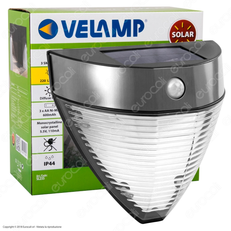 VELAMP LAMPADA LED DA MURO SOLARE 2,2W IP44 SENSORE DI MOVIMENTO 