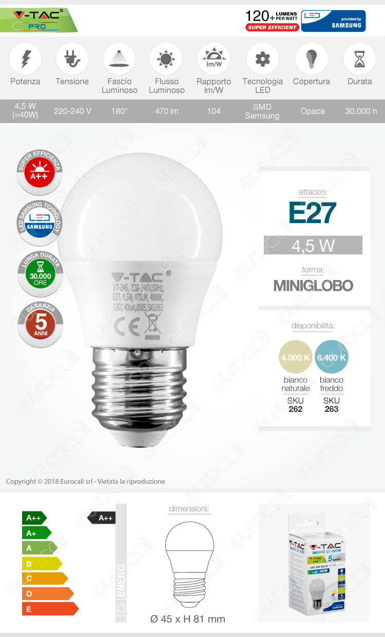 V-TAC PRO VT-245 LAMPADINA LED E27 4,5W G45 CHIP SAMSUNG_€3,50
