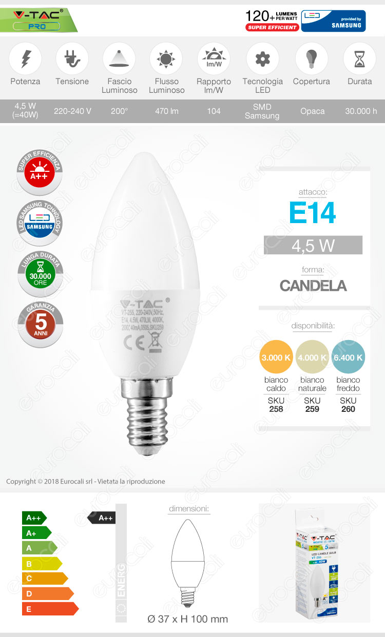 V-TAC PRO VT-255 LAMPADINA LED E14 4,5W CANDELA CHIP SAMSUNG_€3,50