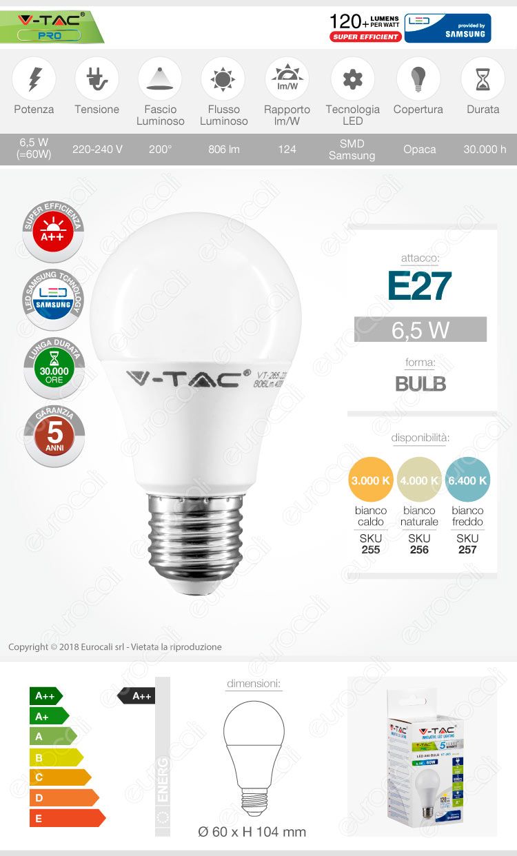 V-TAC PRO VT-265 LAMPADINA LED E27 6,5W BULB A60 CHIP SAMSUNG_€4,75
