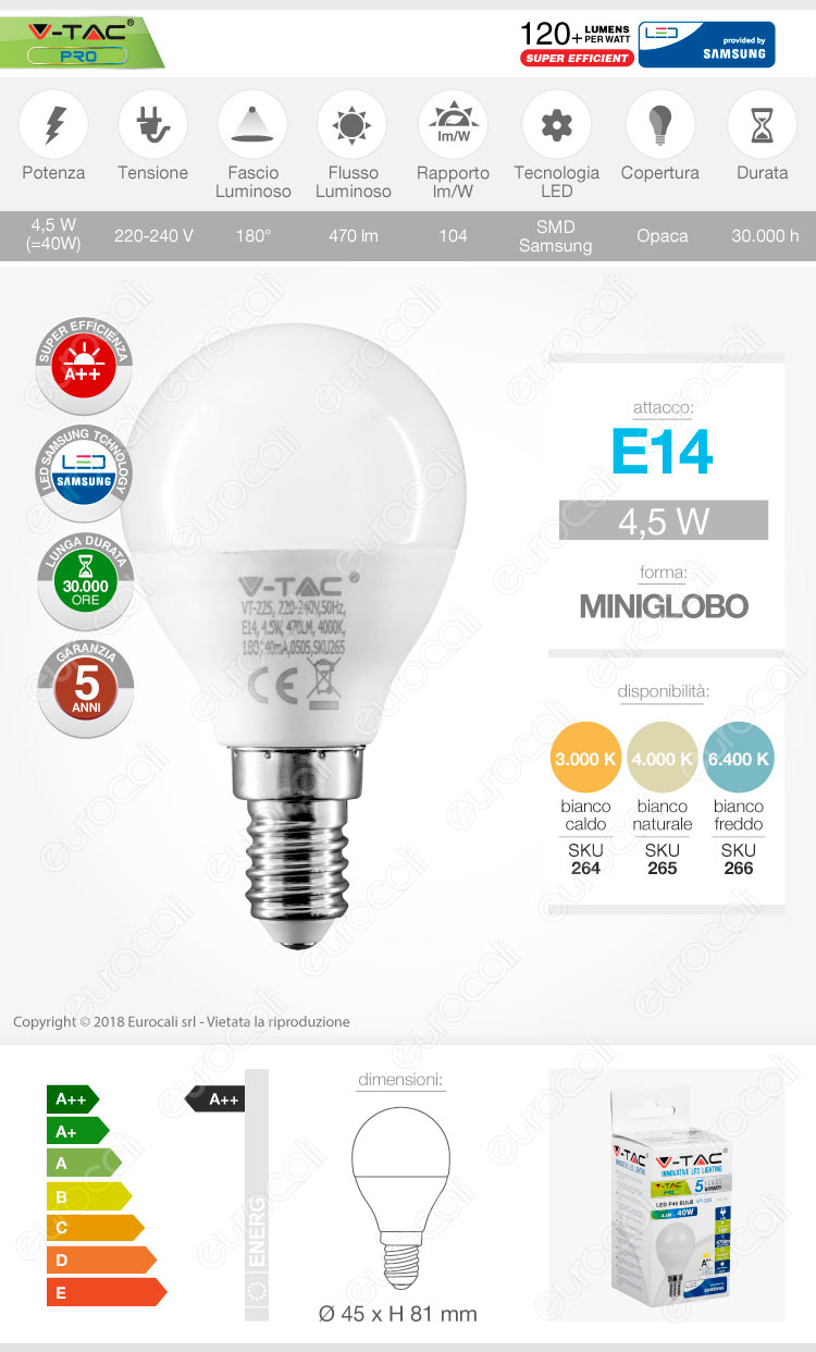 V-TAC PRO VT-225 LAMPADINA LED E14 4,5W P45 CHIP SAMSUNG_€3,50.